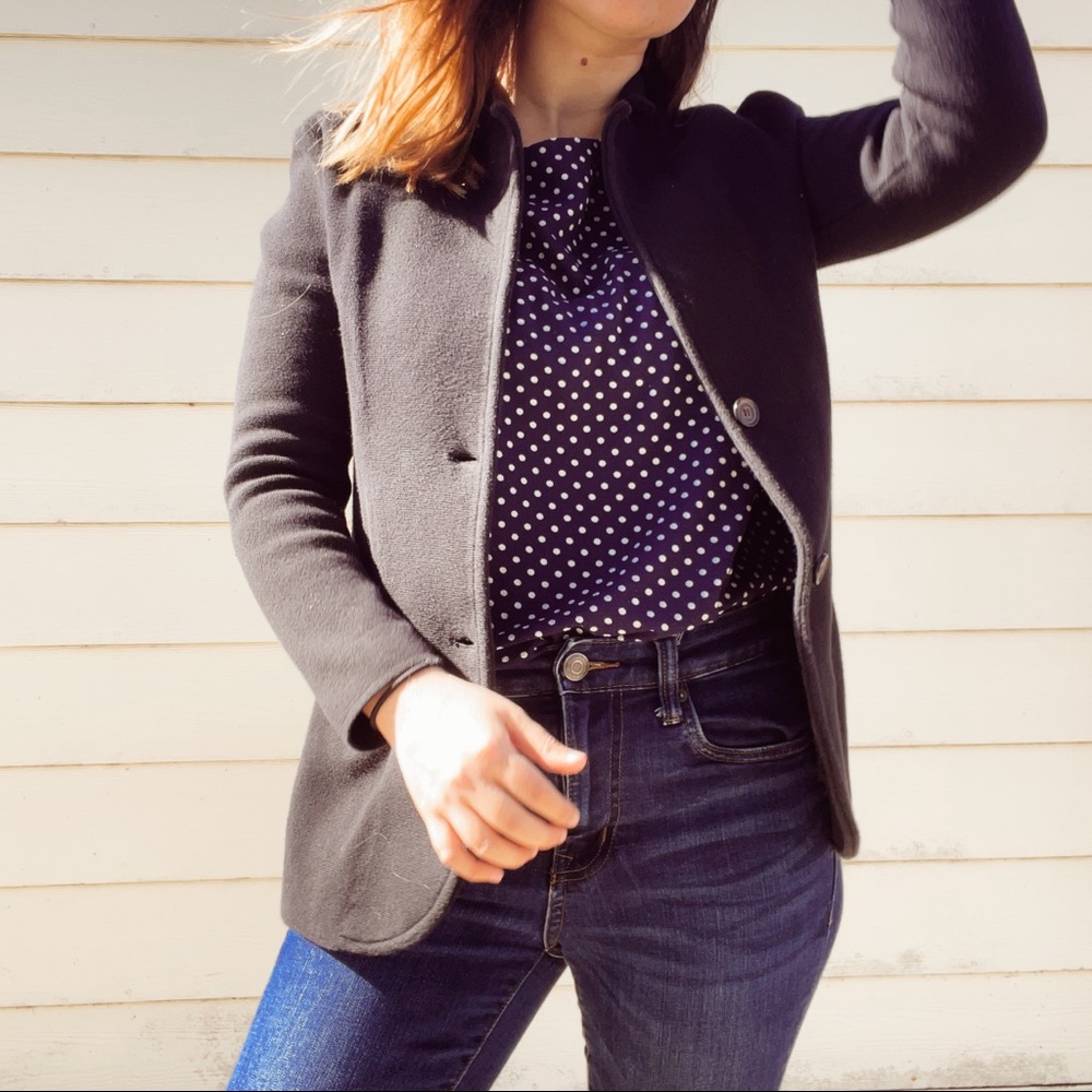 Navy blue structured J Crew button up cardigan with micro collar